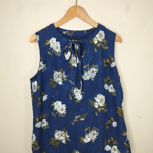Tahari Floral Sleeveless Top Tie Neck Blue Olive - Picture 2 of 8